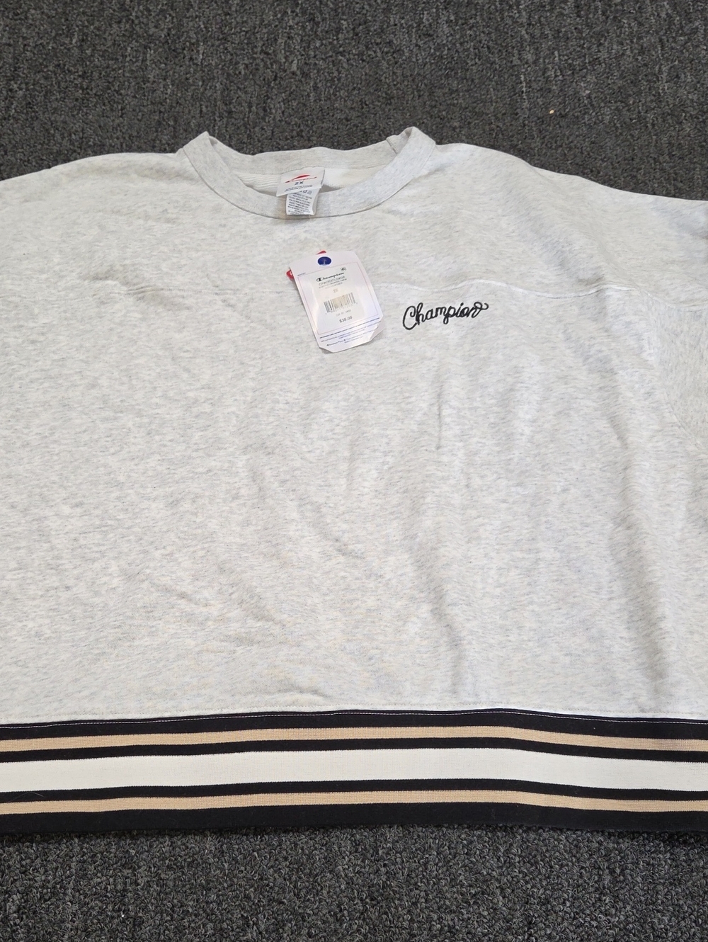 (#2C) Champion Women's Light Gray Crewneck Sweater with Stripe Hem